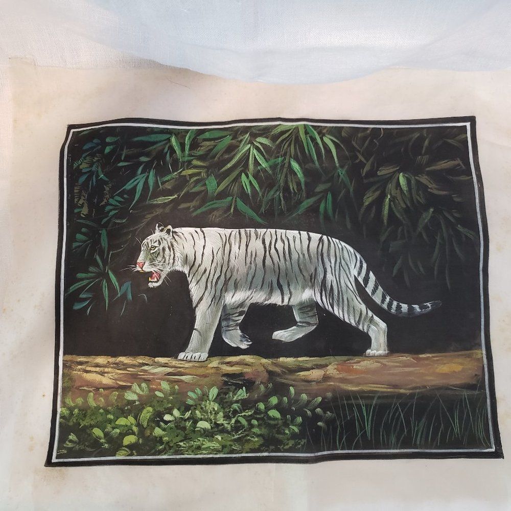 Post WW2 Vintage White Tiger Japanese Silk Painting Hand Painted Unmounted
